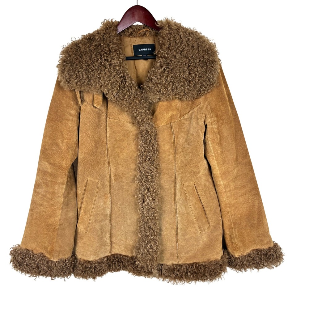 Vintage Womens Coat Sz L Penny Lane Genuine Leather Suede Fur Afghan Brown Boho - Picture 2 of 14